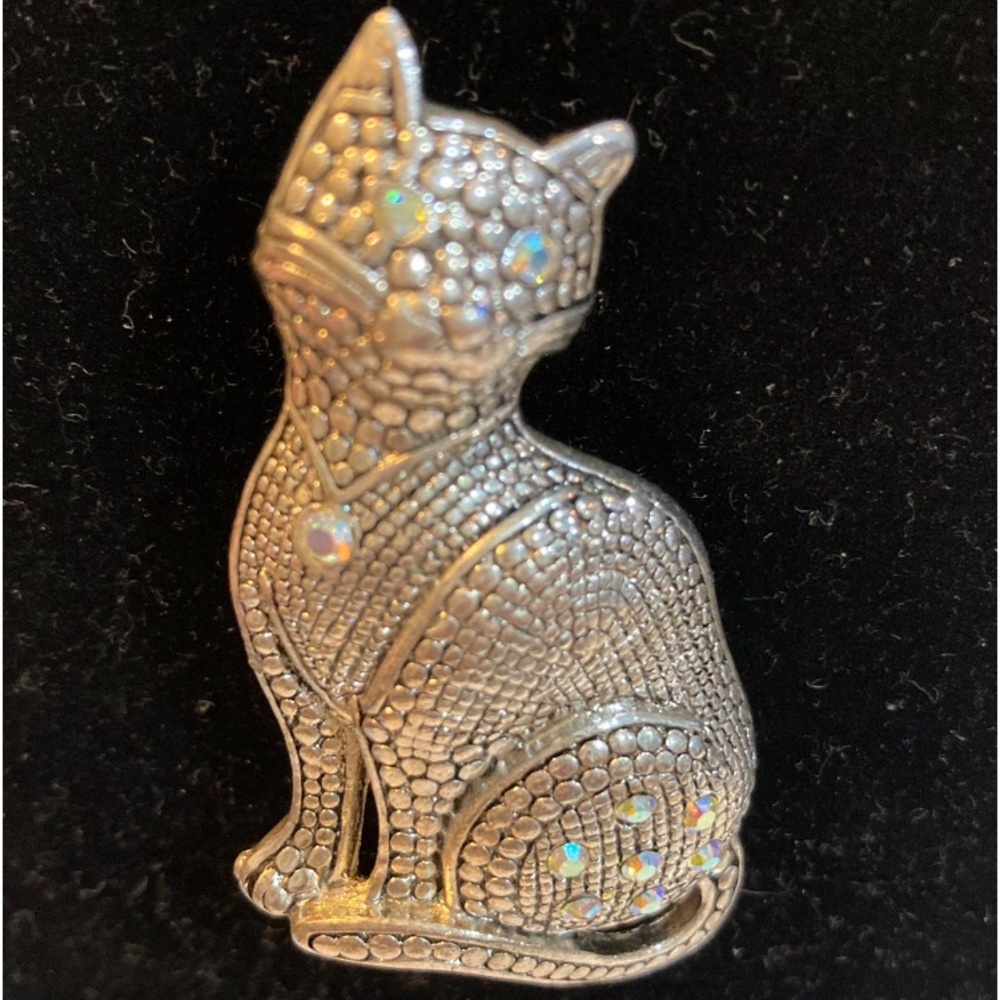 Cat Pin Brooch Silver Tone with AB Crystal Accents.